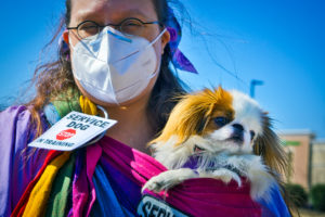 A white woman in a white mask stands outside with a small white and sable Japanese Chin dog sticking out of a multi-colored pouch; the sky is clear and a saturated blue.